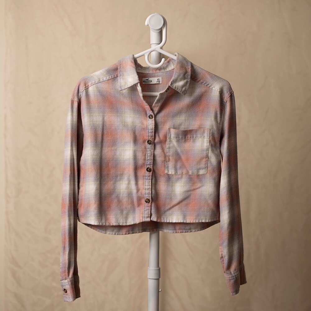 Hollister Womens Crop Top Ivory Gray Plaid Flannel Long Sleeve Button Front XS